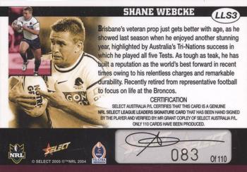2005 Select Power - Signature Cards #LLS3 Shane Webcke Back